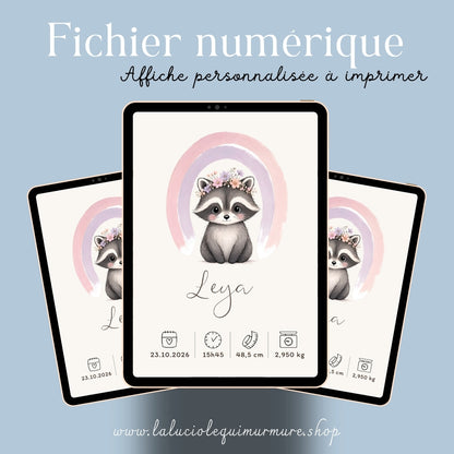 Affiche raton laveur personnalisée – Animal totem, fichier numérique