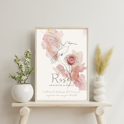Affiche symbolique du prénom Rose – Fichier numérique à imprimer