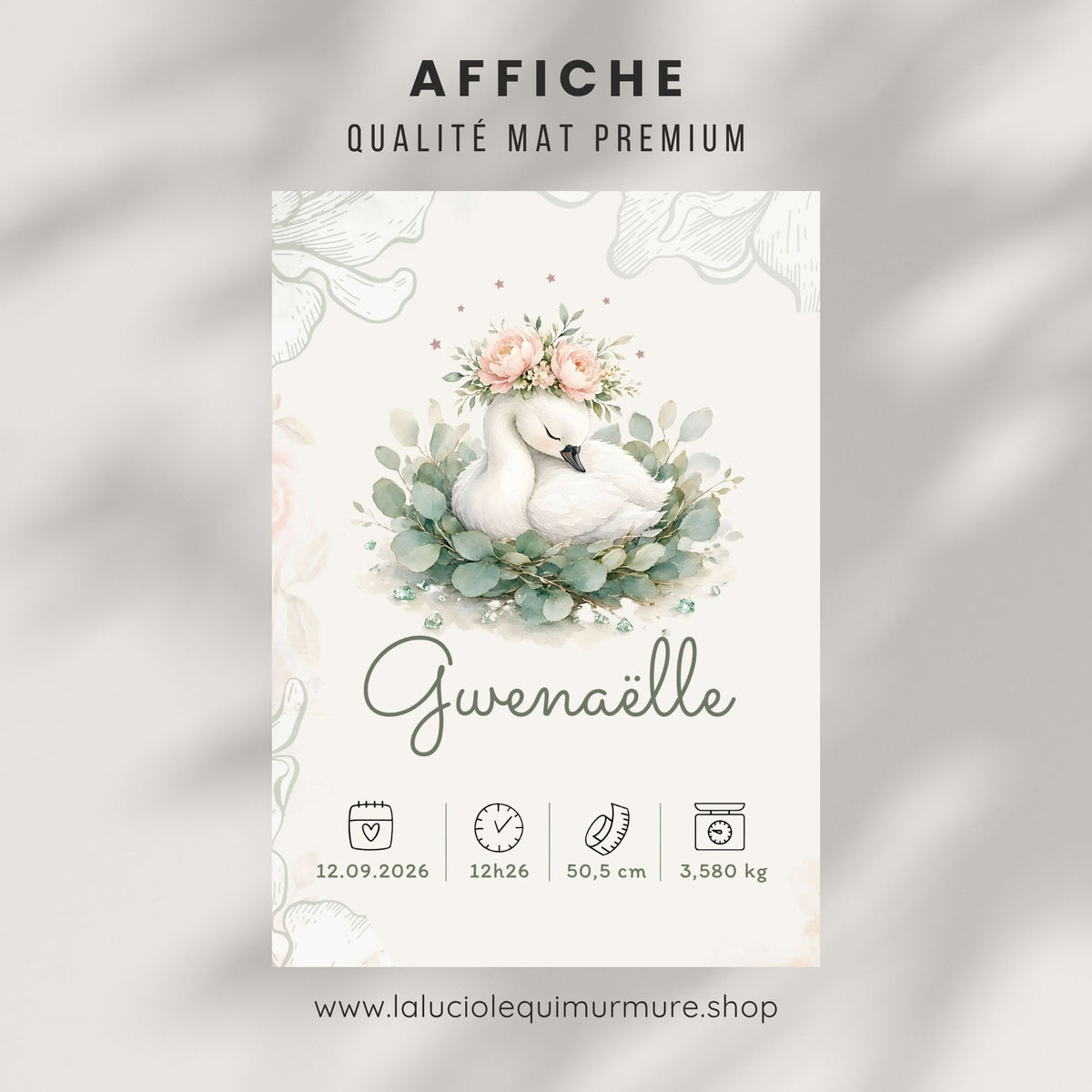 Poster de naissance Gwenaëlle personnalisé – Cygne fleuri