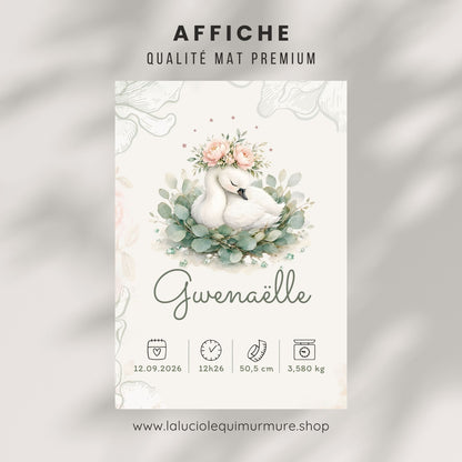 Poster de naissance Gwenaëlle personnalisé – Cygne fleuri