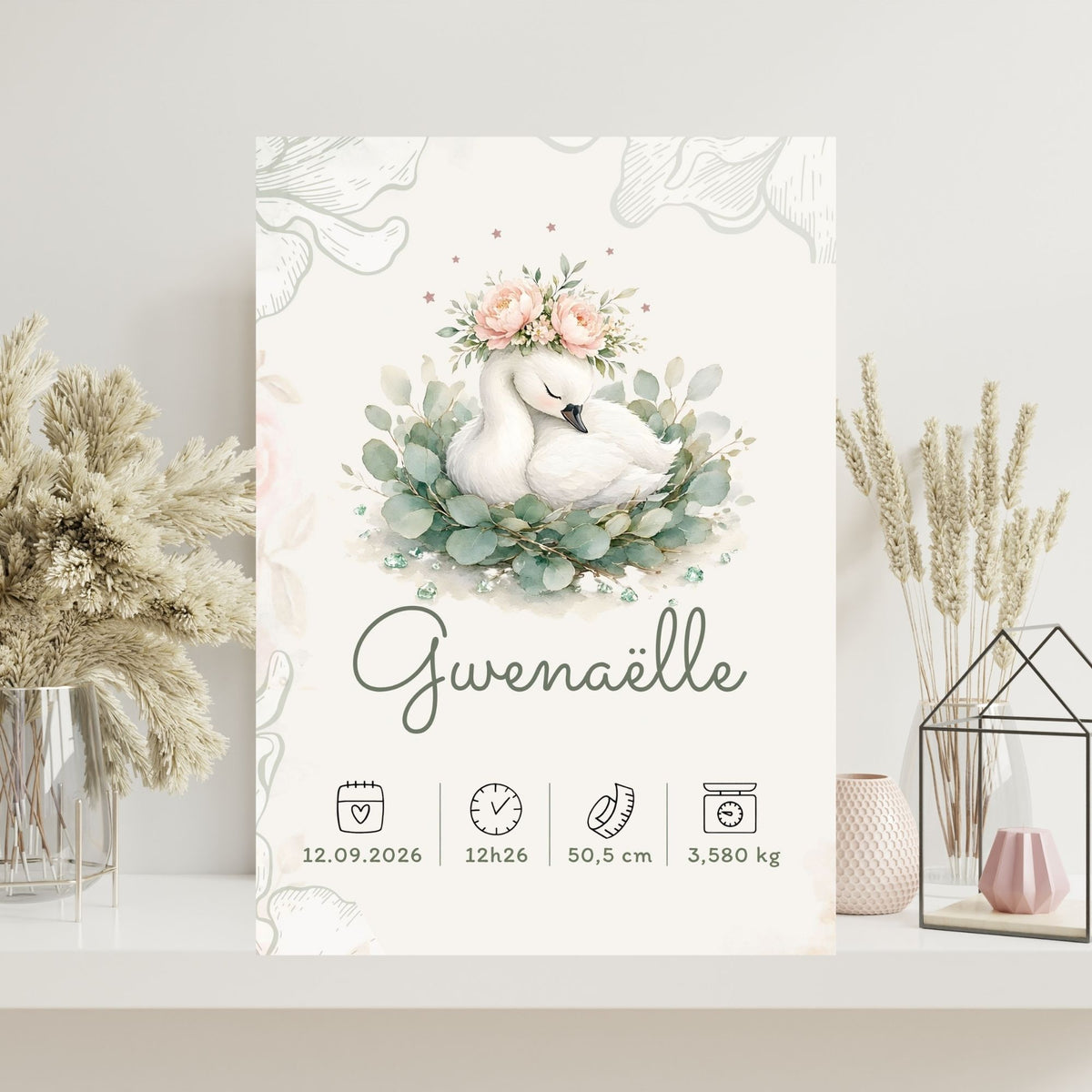 Poster de naissance Gwenaëlle personnalisé – Cygne fleuri