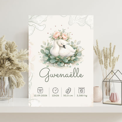 Poster de naissance Gwenaëlle personnalisé – Cygne fleuri