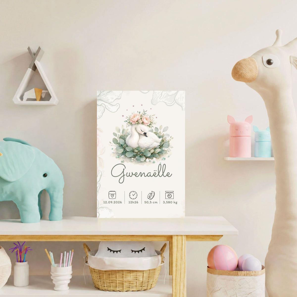 Poster de naissance Gwenaëlle personnalisé – Cygne fleuri