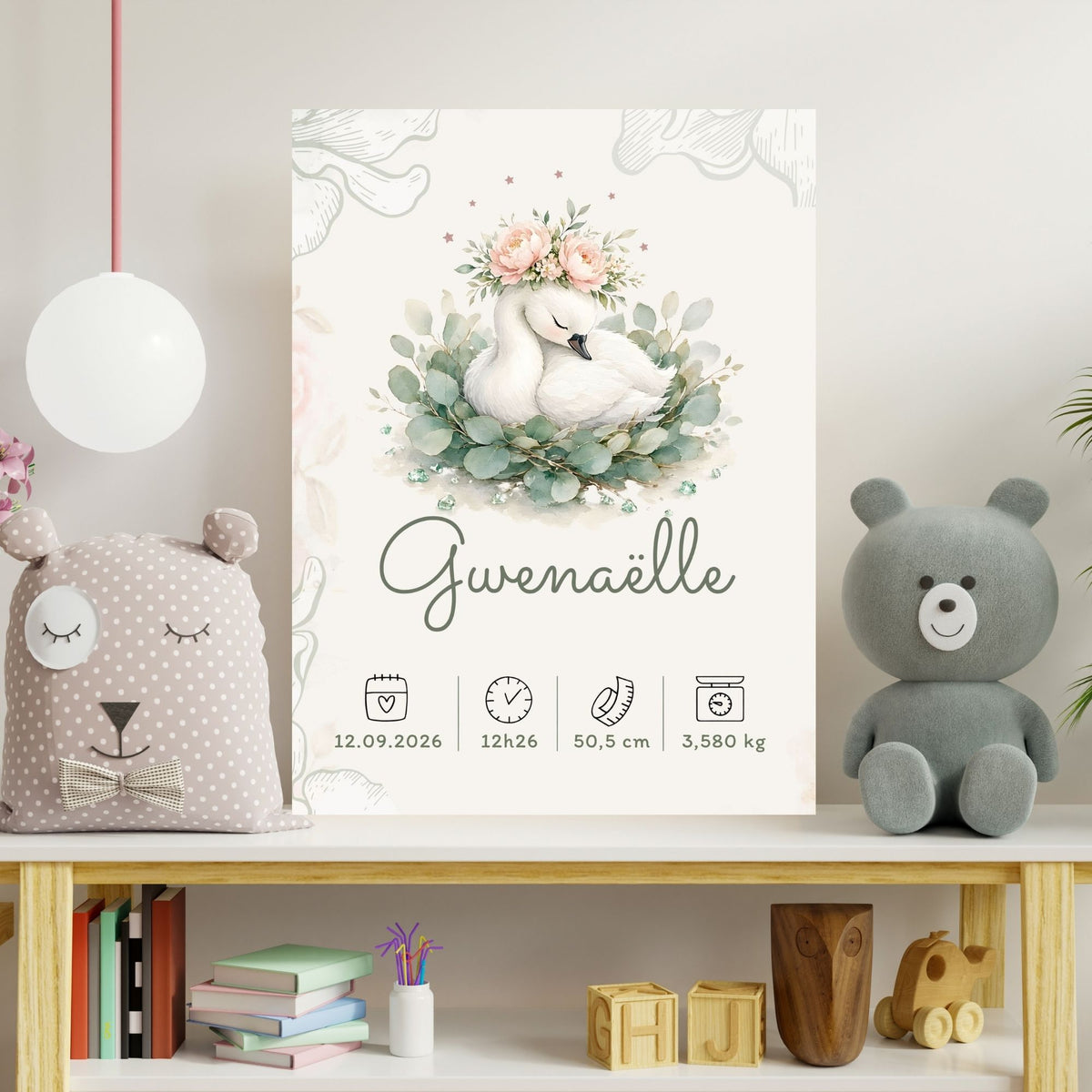 Poster de naissance Gwenaëlle personnalisé – Cygne fleuri