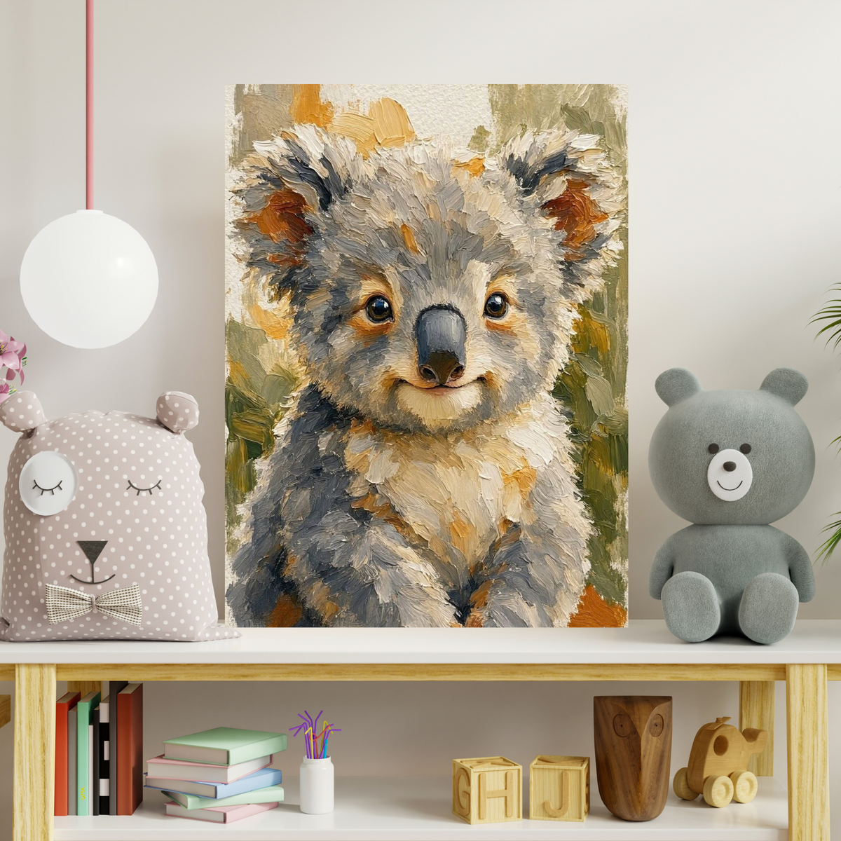 Affiche bébé koala posée sur un meuble entre deux peluches