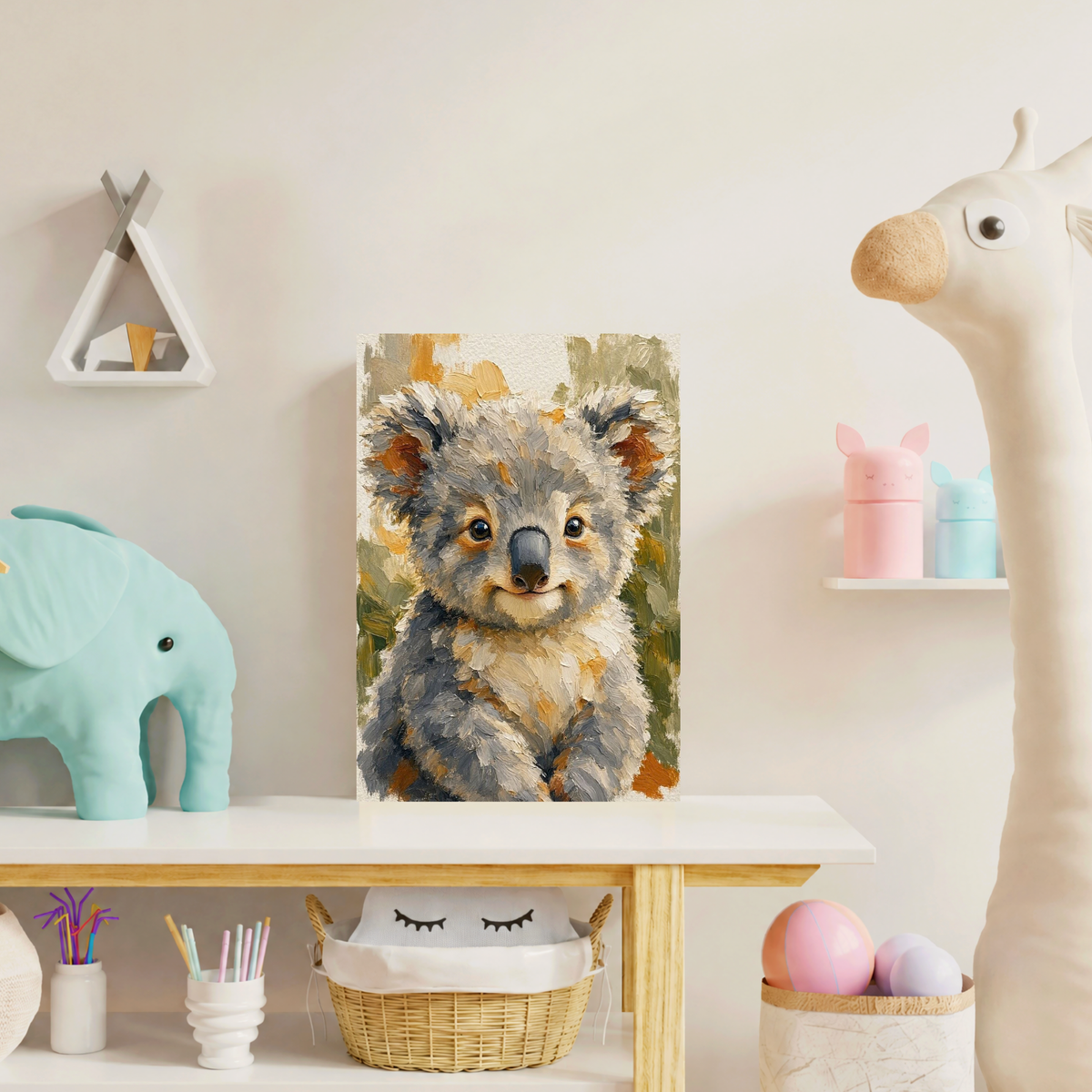 Poster bébé koala sans cadre posé sur un meuble dans une chambre d’enfant