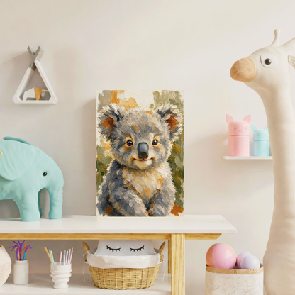 Poster bébé koala sans cadre posé sur un meuble dans une chambre d’enfant