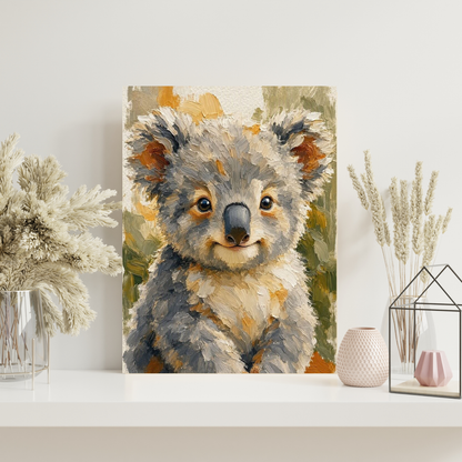  Poster bébé koala sans cadre posé sur une étagère avec des fleurs séchées