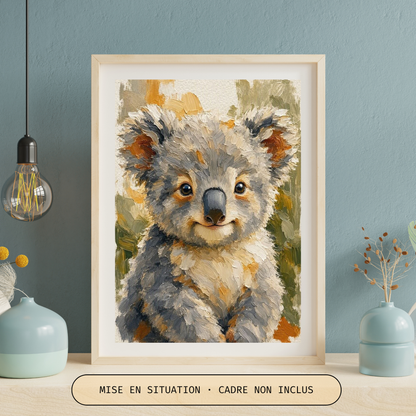Affiche bébé koala présentée dans un cadre clair sur fond bleu, cadre non inclus