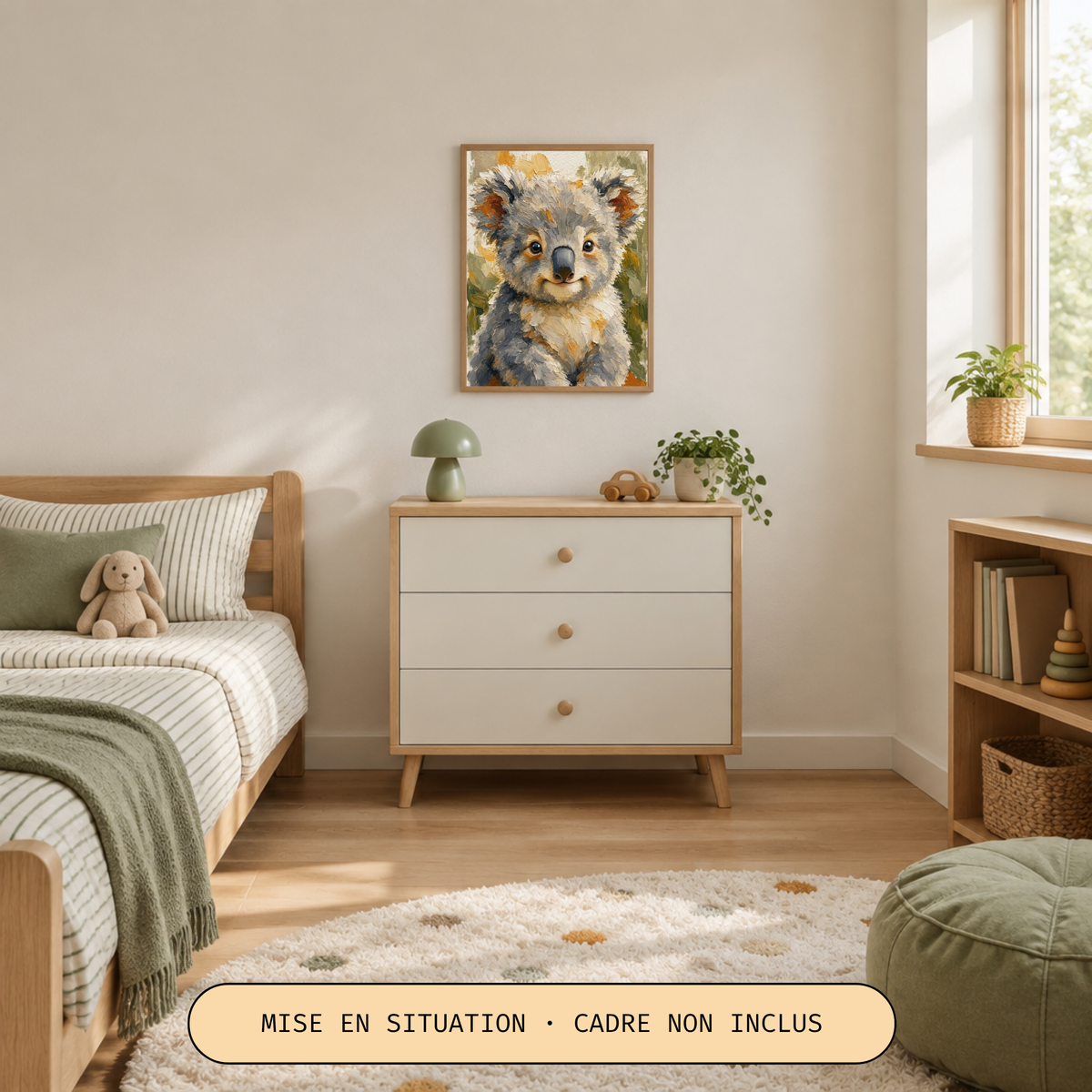 Affiche bébé koala présentée au-dessus d’une commode blanche, cadre non inclus 