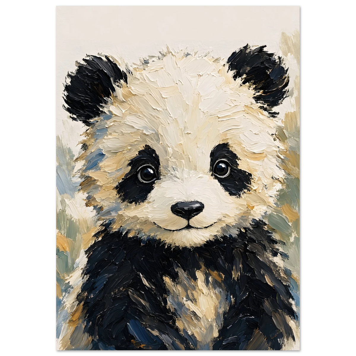 Bébé panda noir et crème au regard doux, sur fond beige aux touches bleu grisé