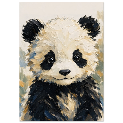 Bébé panda noir et crème au regard doux, sur fond beige aux touches bleu grisé