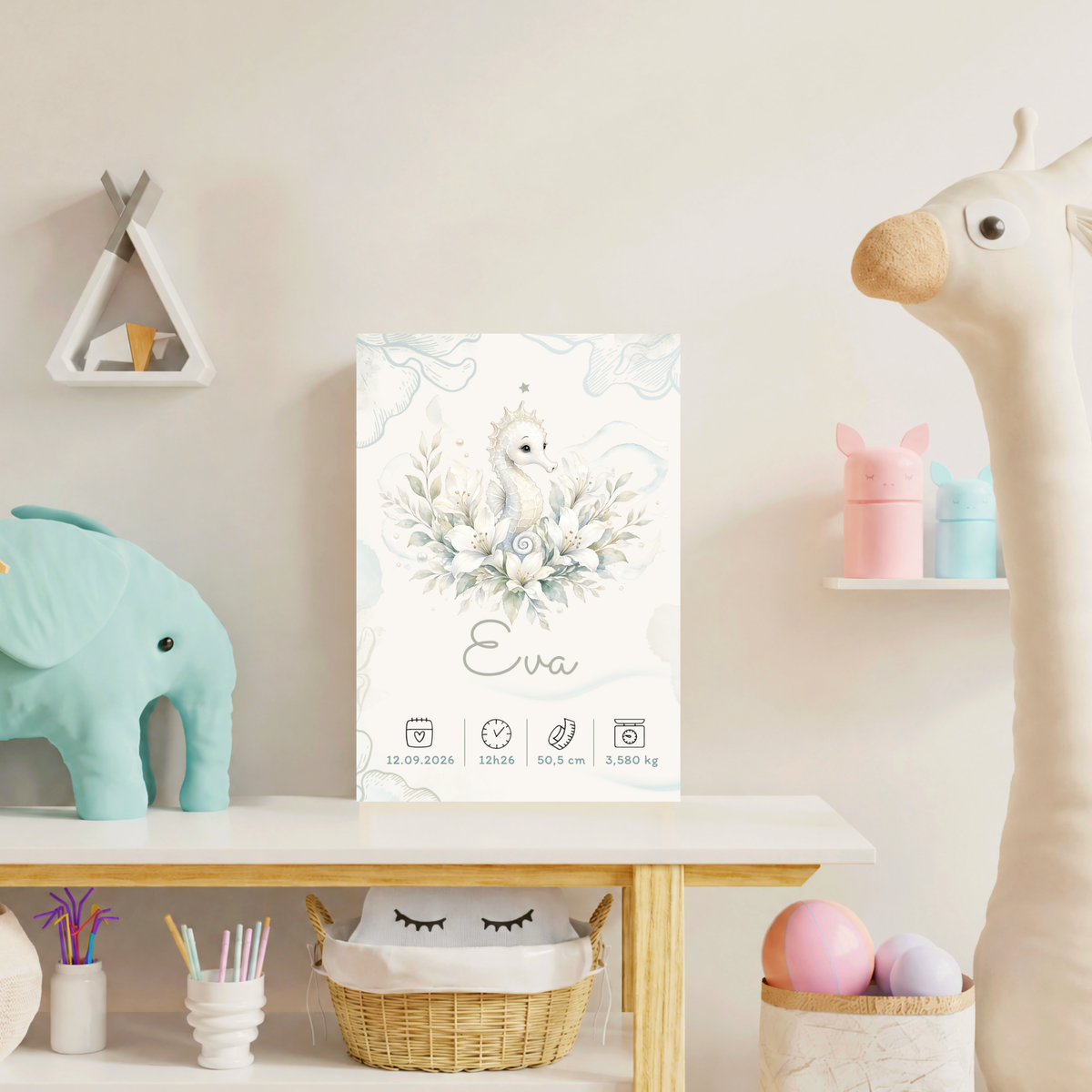 Poster de naissance Eva personnalisé – Hippocampe, sans cadre