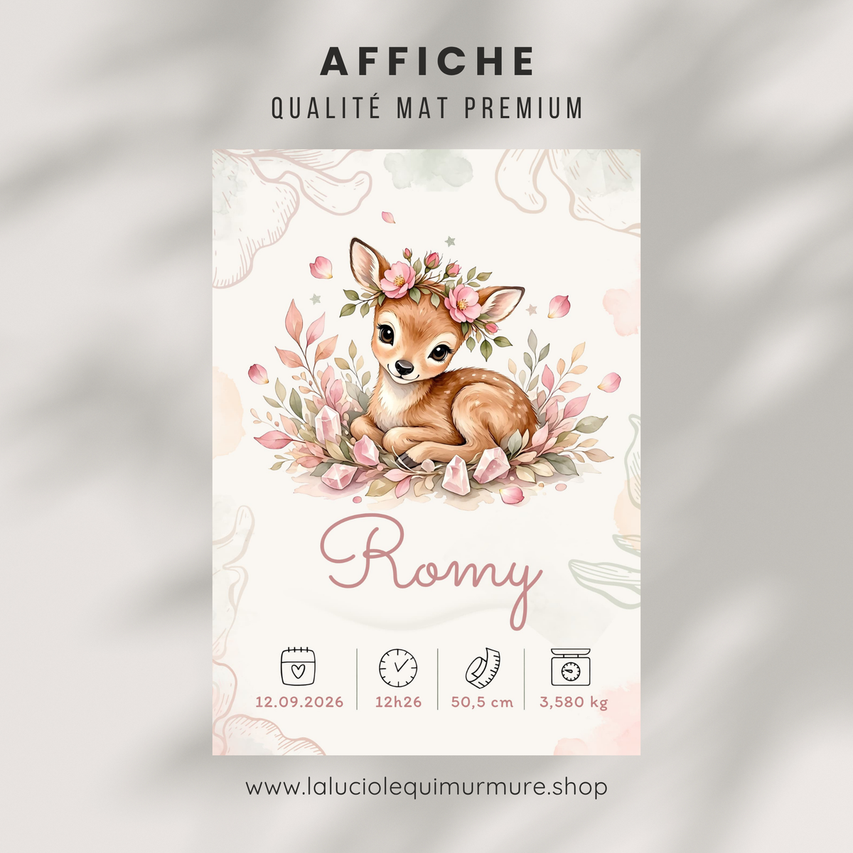 Poster de naissance Romy personnalisé – Biche fleurie, sans cadre