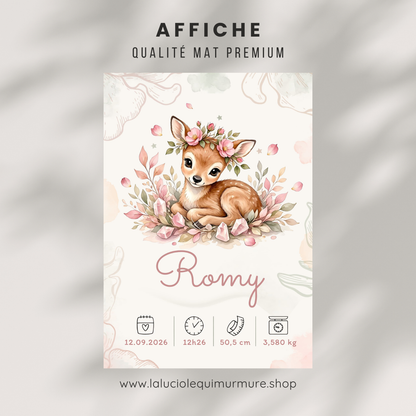 Poster de naissance Romy personnalisé – Biche fleurie, sans cadre