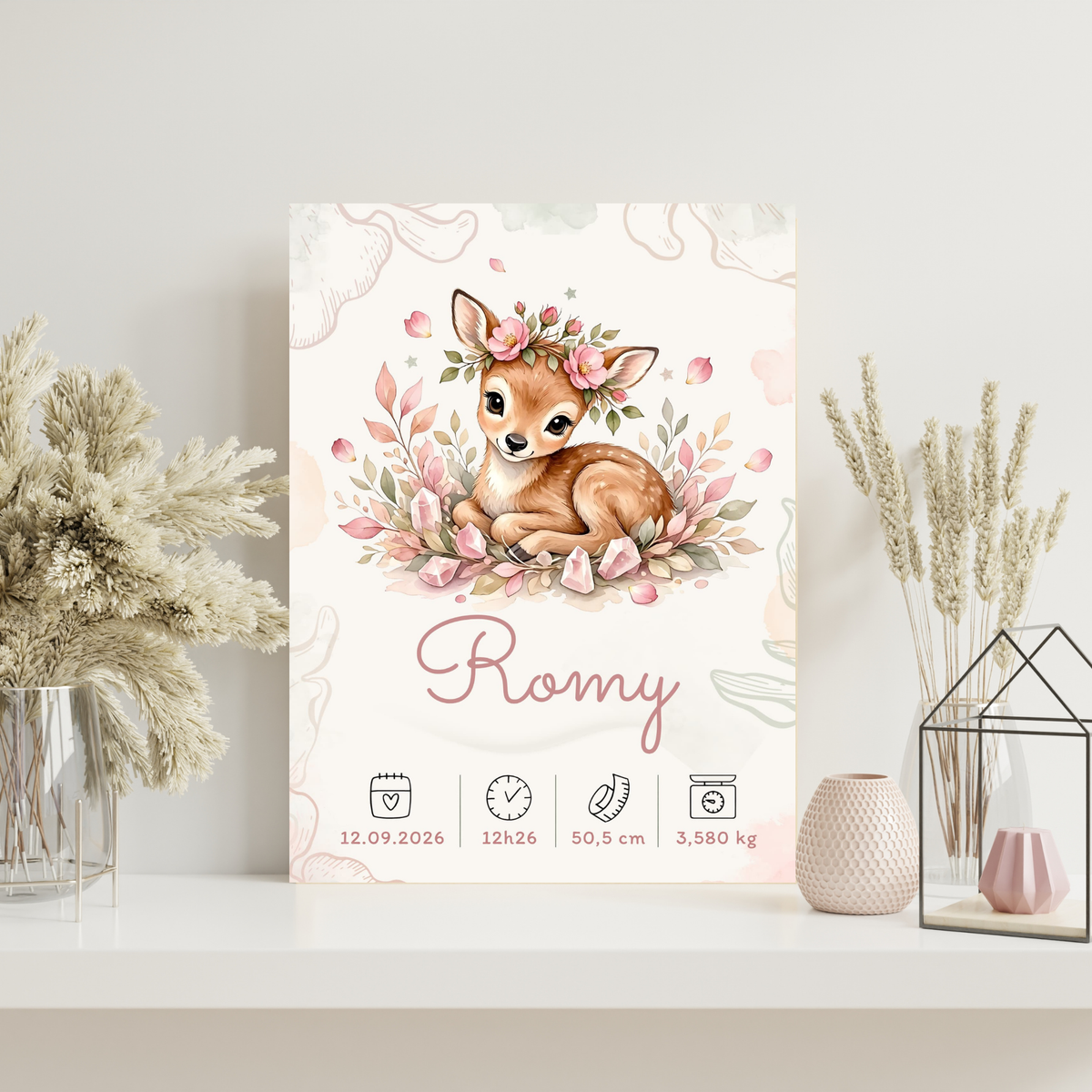 Poster de naissance Romy personnalisé – Biche fleurie, sans cadre