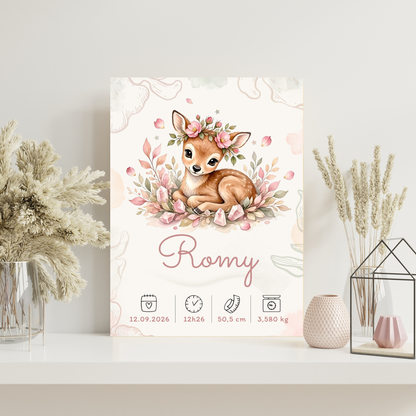 Poster de naissance Romy personnalisé – Biche fleurie, sans cadre