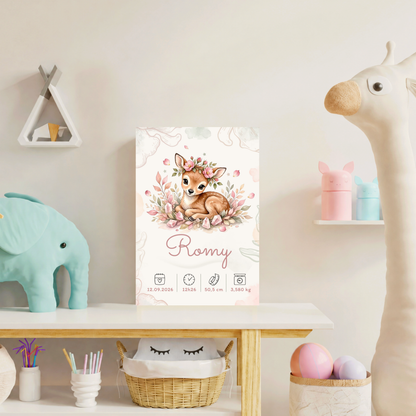 Poster de naissance Romy personnalisé – Biche fleurie, sans cadre