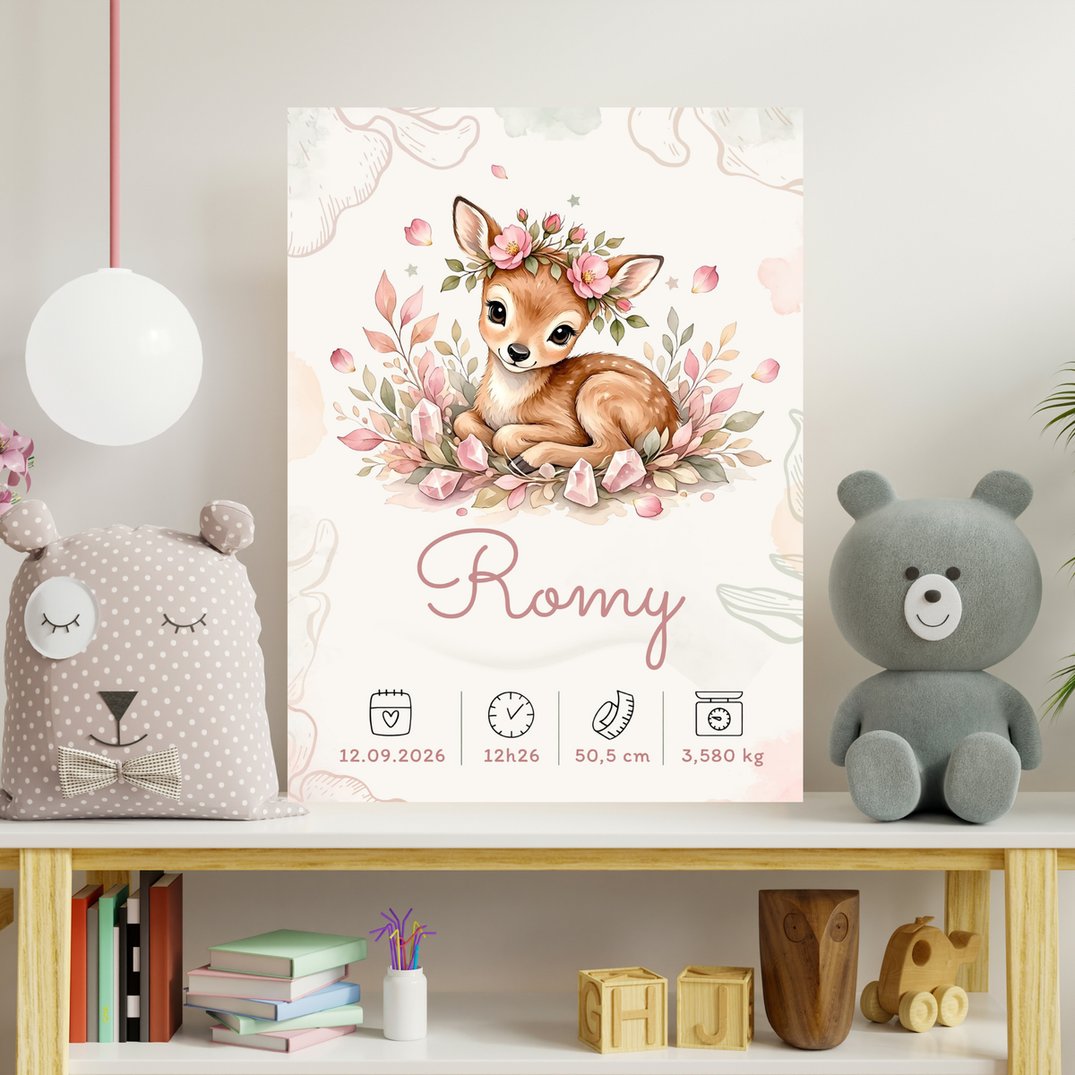 Poster de naissance Romy personnalisé – Biche fleurie, sans cadre