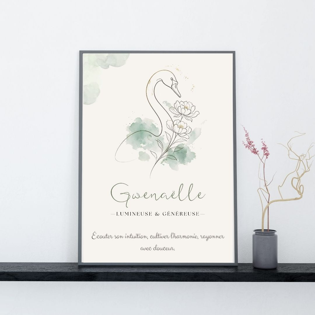 Affiche prénom Gwenaëlle encadrée – Cygne floral