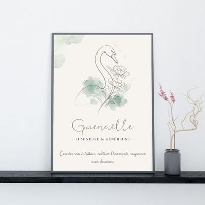Affiche prénom Gwenaëlle encadrée – Cygne floral