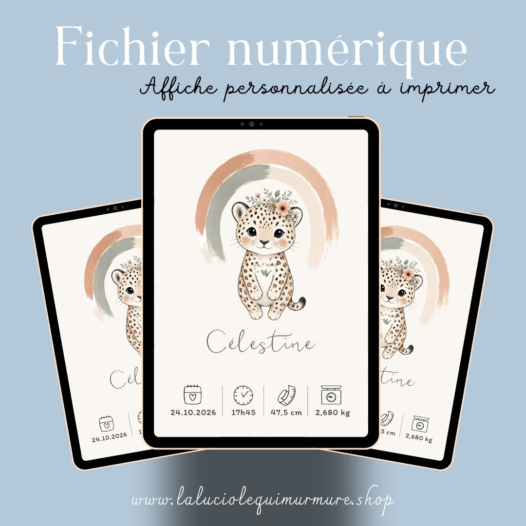 Affiche léopard personnalisée – Prénom et naissance, fichier numérique