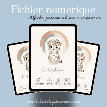Affiche léopard personnalisée – Prénom et naissance, fichier numérique