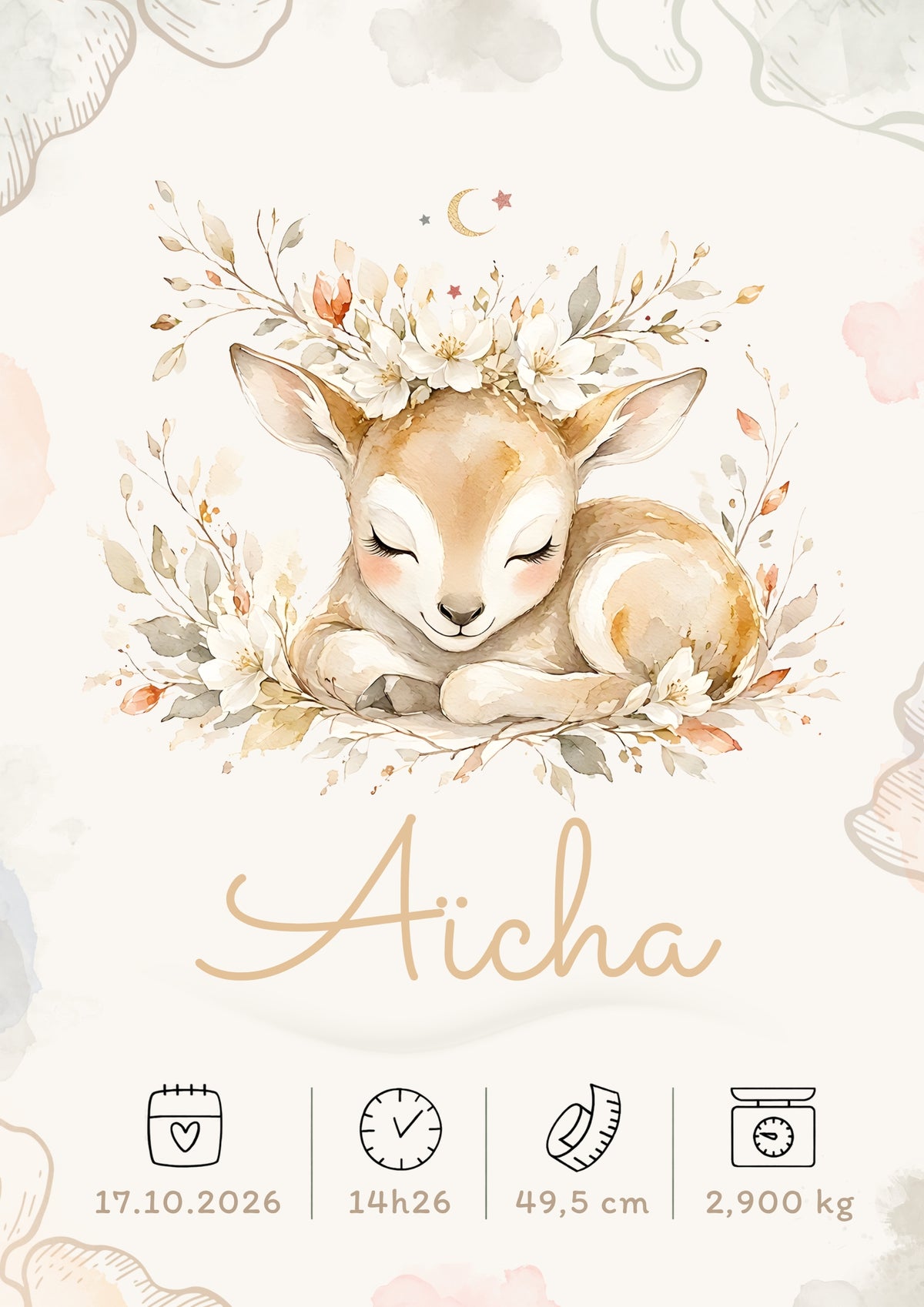 Affiche de naissance Aïcha personnalisée