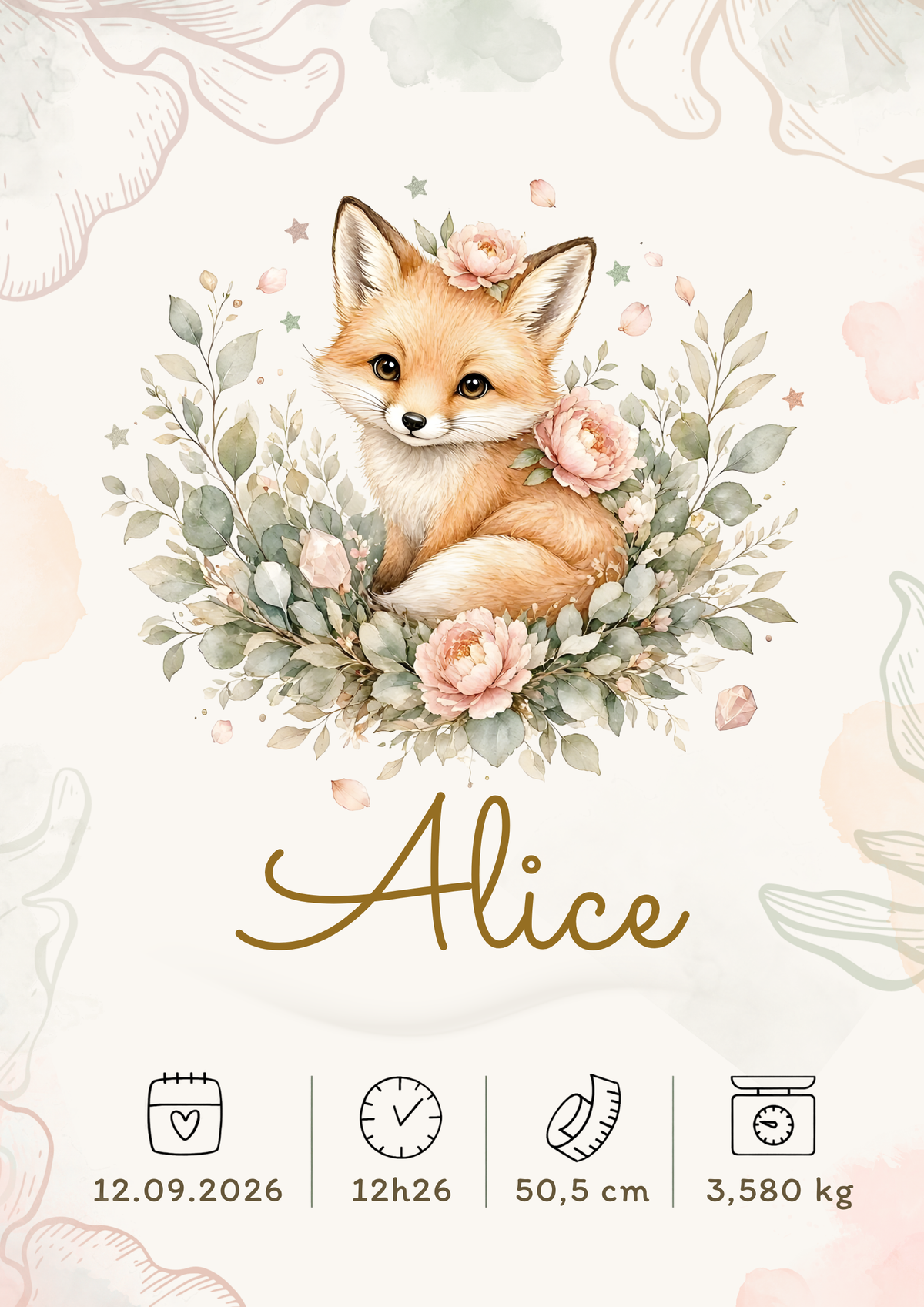 Affiche de naissance personnalisée Alice – renard fleuri