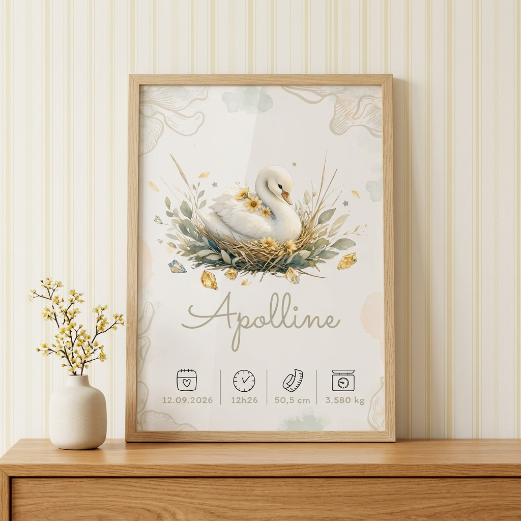 Apolline dans un cadre bois clair sur une commode avec tapisserie rayée