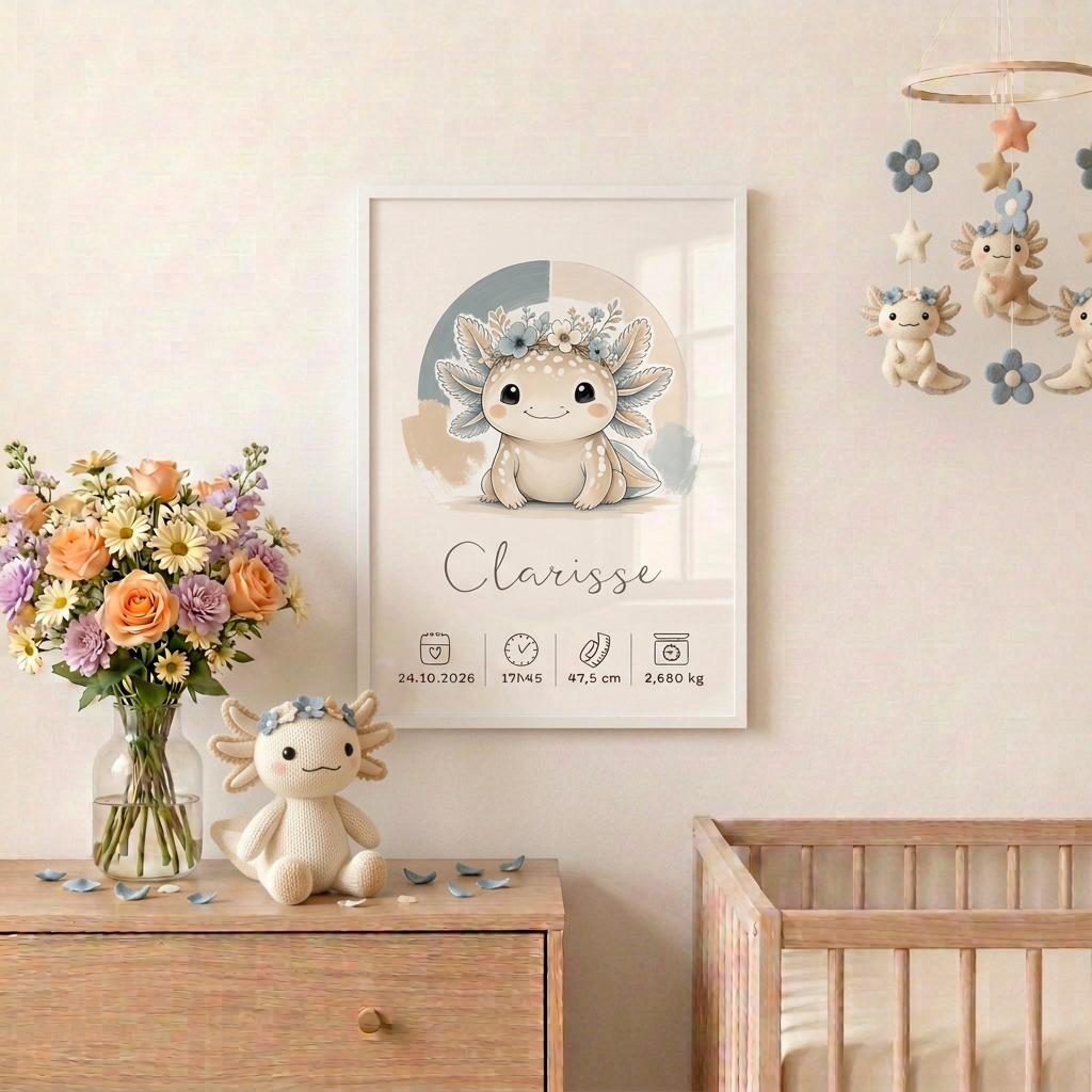 Axolotl Clarisse dans une chambre bébé assortie