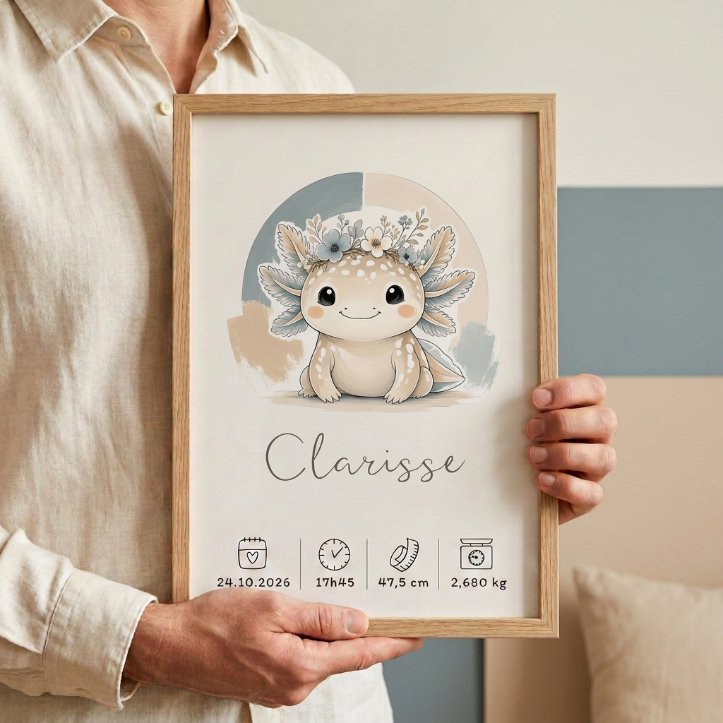 Axolotl Clarisse en cadre bois clair tenu par une personne