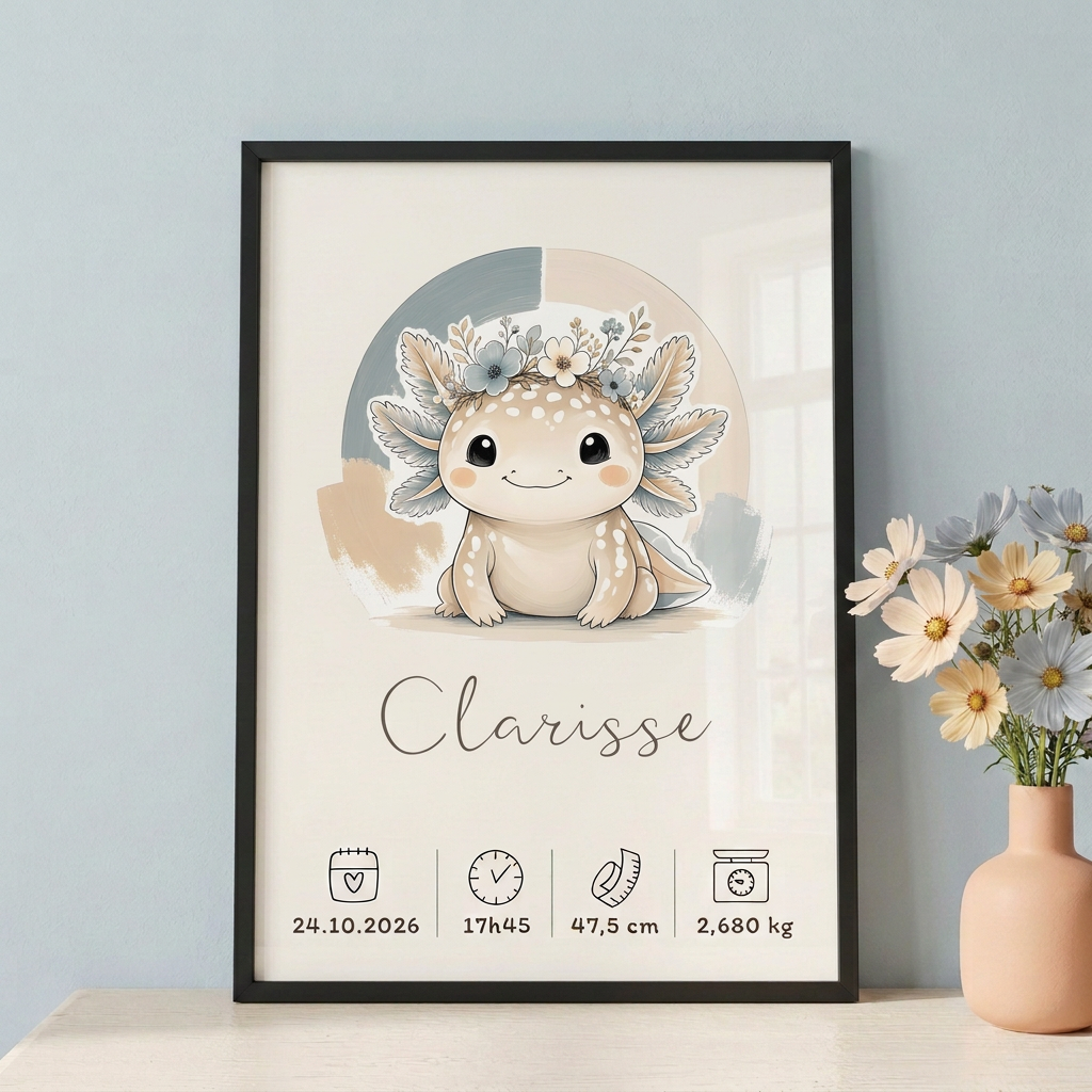 Axolotl Clarisse en cadre noir sur fond bleu doux