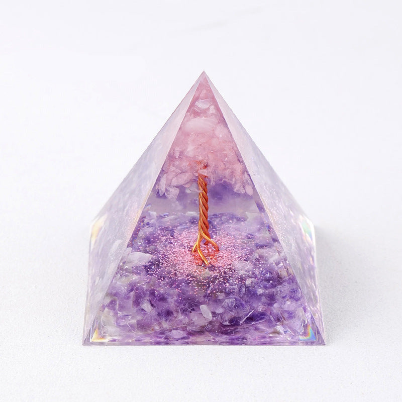 Pyramide orgonite arbre de vie – améthyste rose et quartz, tons pastels