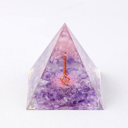 Pyramide orgonite arbre de vie – améthyste rose et quartz, tons pastels