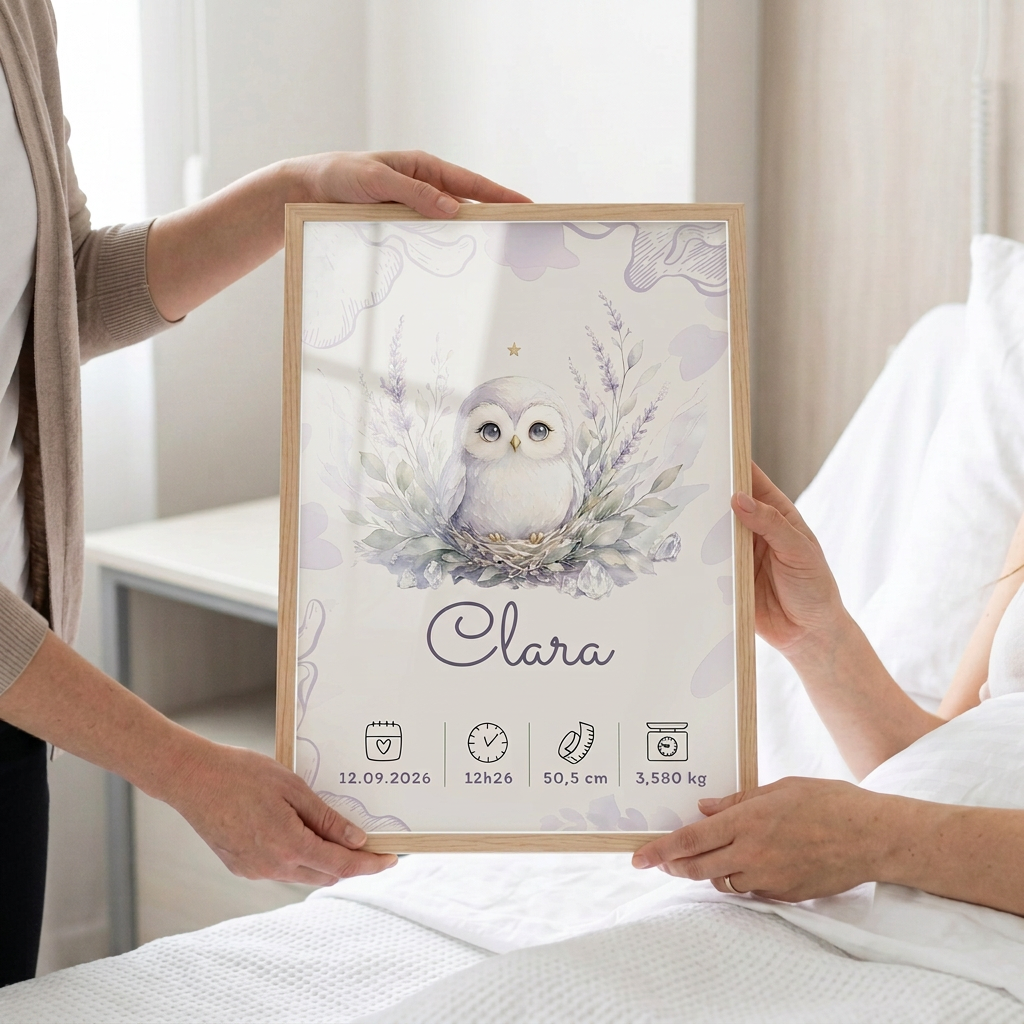 Cadre Clara offert à la maternité avec un reflet de plexiglas plus visible - idée cadeau de naissance personnalisé