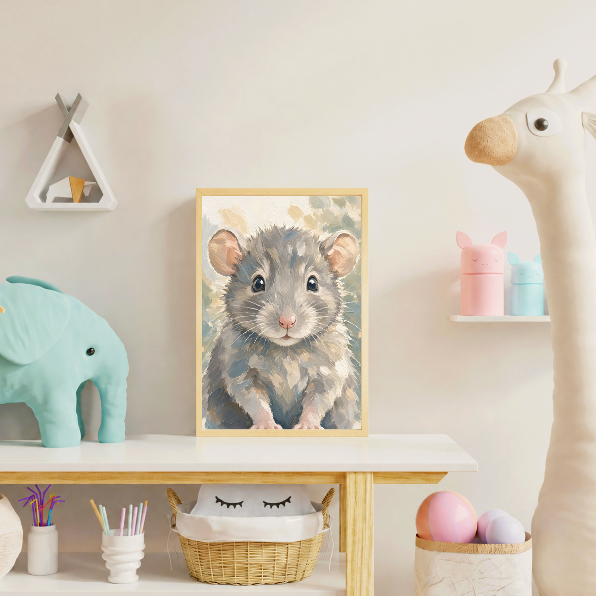 Affiche bébé rat encadrée – chambre d’enfant prête à accrocher