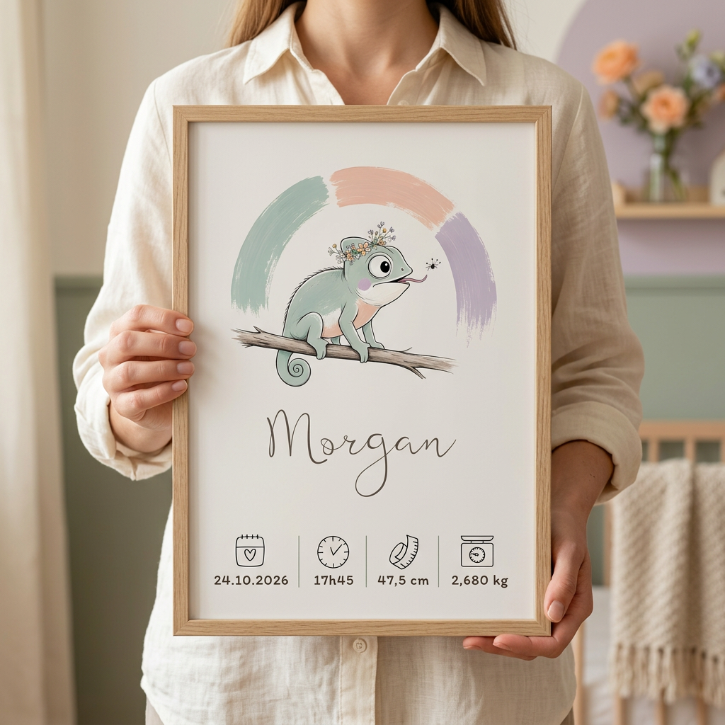 Caméléon Morgan encadré tenu par une personne avec deux mains