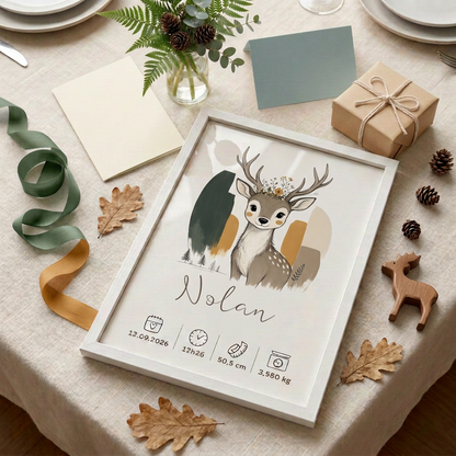 Cerf Nolan en cadre blanc présenté en cadeau, ambiance automne