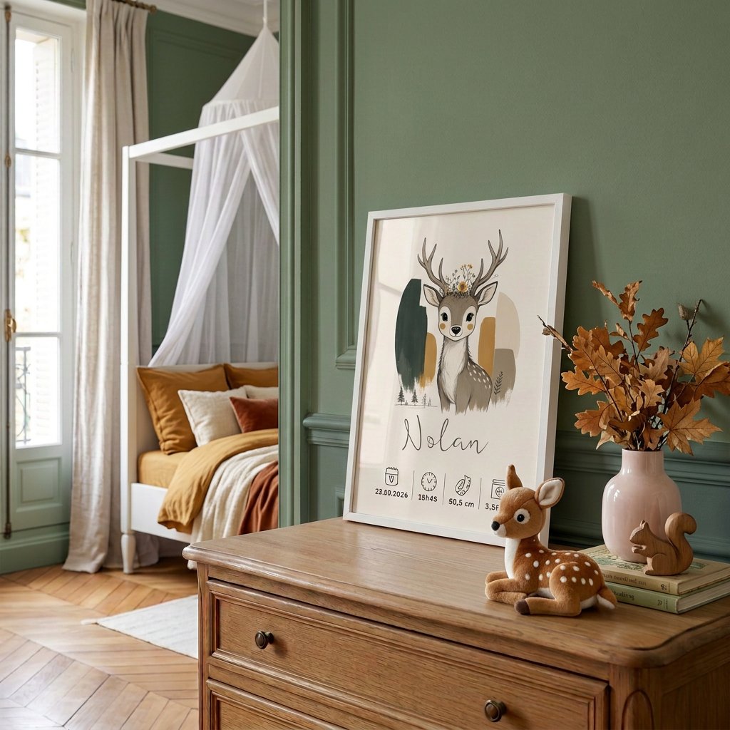 Cerf Nolan en cadre blanc sur une commode, décoration forêt automnale