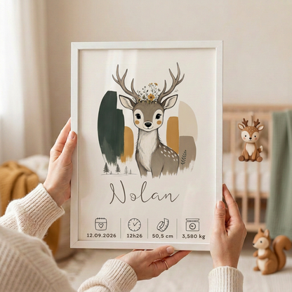 Cerf Nolan en cadre blanc tenu entre deux mains