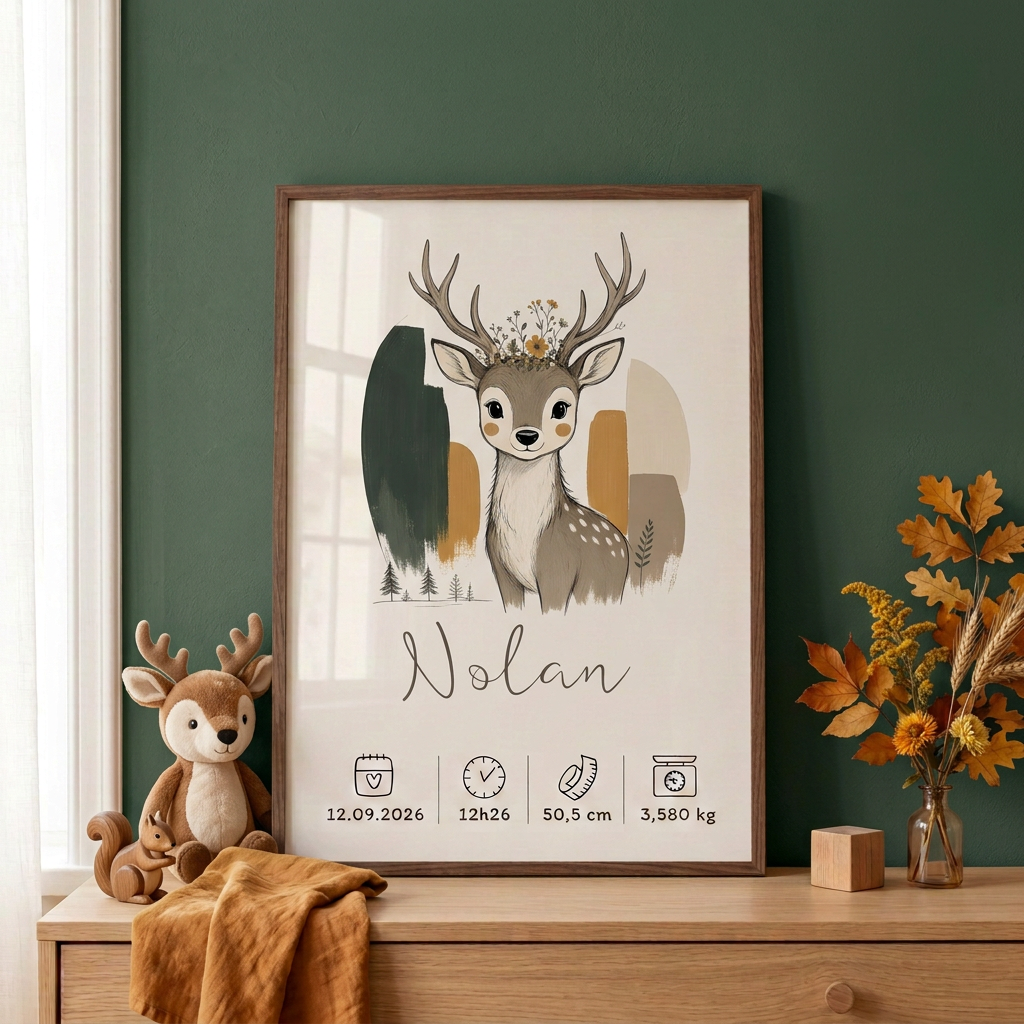 Cerf Nolan en cadre marron sur une commode, tons ocre et vert forêt