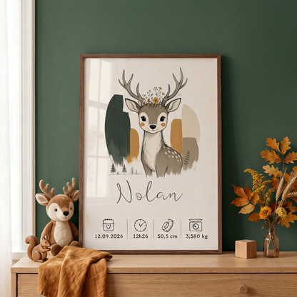 Cerf Nolan en cadre marron sur une commode, tons ocre et vert forêt