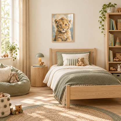 Chambre d’enfant avec affiche du lionceau encadrée