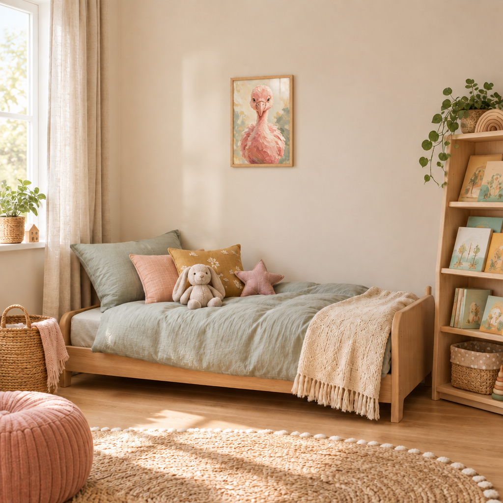Chambre d’enfant avec le cadre flamant rose réduit