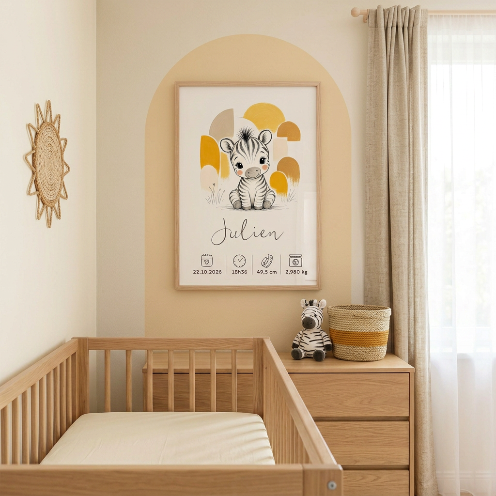 Chambre de bébé à l’univers zèbre, tons crème et ocre, avec l’affiche Julien encadrée