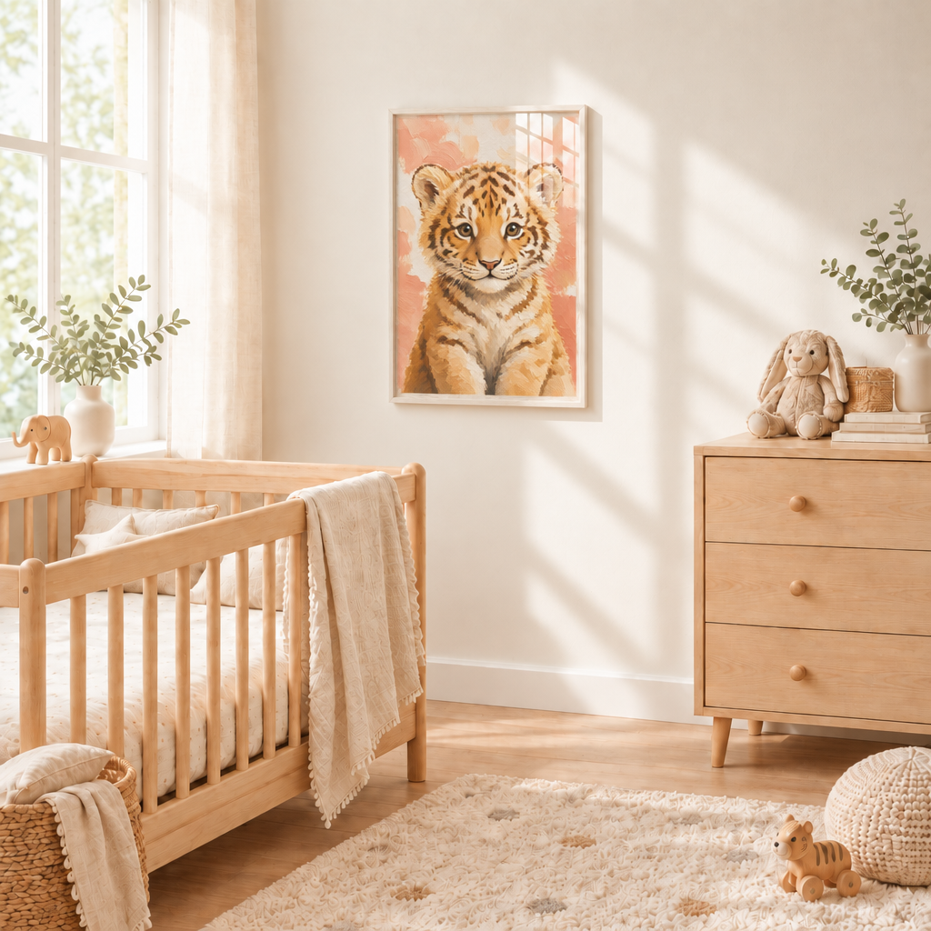Chambre d'enfant avec l'affiche bébé tigre encadrée Gelato au format A3