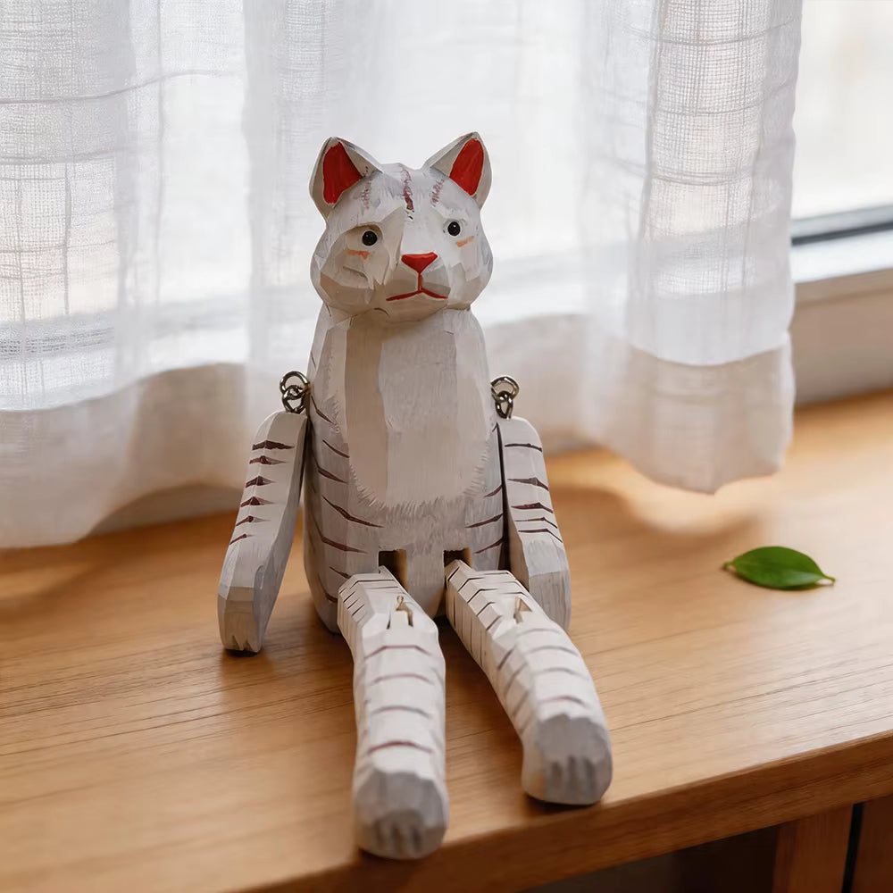 Chat Gris et Blanc Articulé en Bois – Figurine Gardien d'Étagère Sculptée à la Main
