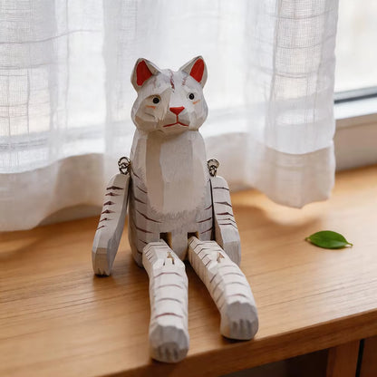Chat Gris et Blanc Articulé en Bois – Figurine Gardien d'Étagère Sculptée à la Main