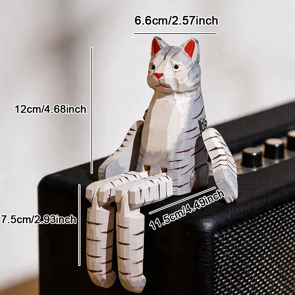 Chat Gris et Blanc Articulé en Bois – Figurine Gardien d'Étagère Sculptée à la Main